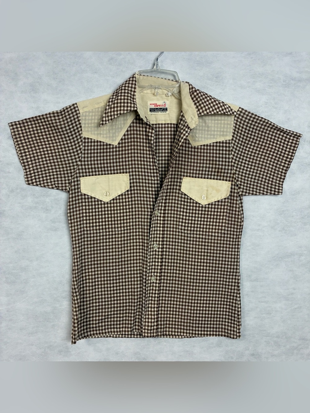 Vtg 70s Now Breed By Campus Western Shirt Boys 14 Brown Cream Dagger Collar Flaw